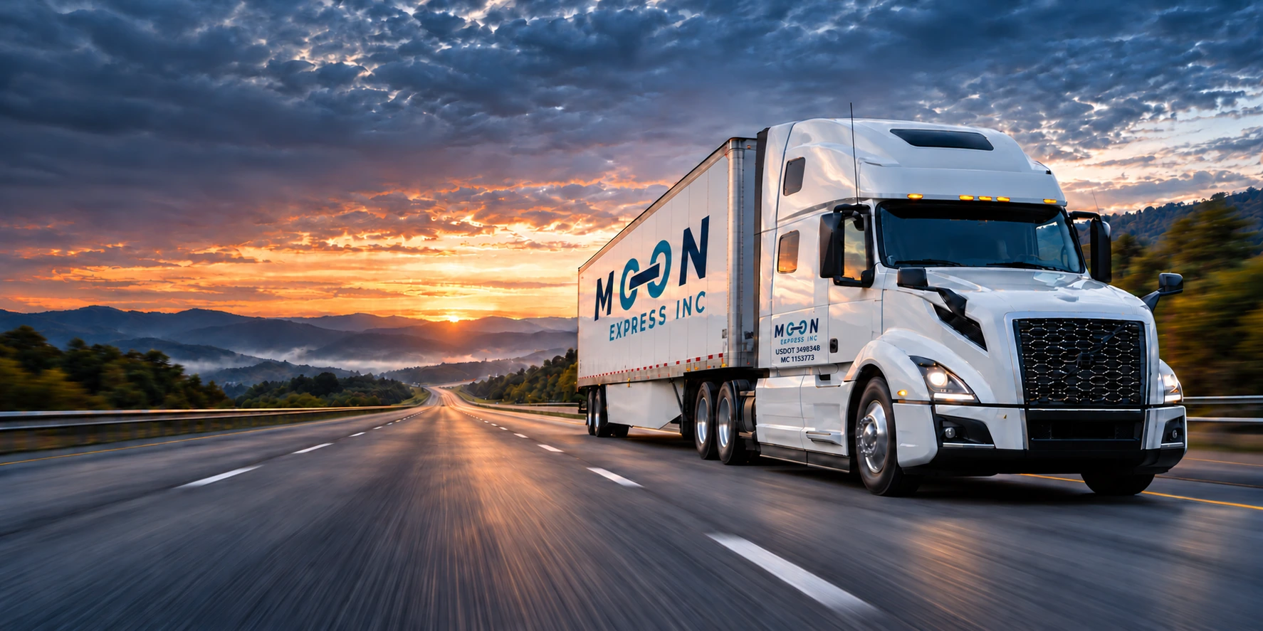 Moon Express branded semi truck traveling along an open highway, campaign illustration